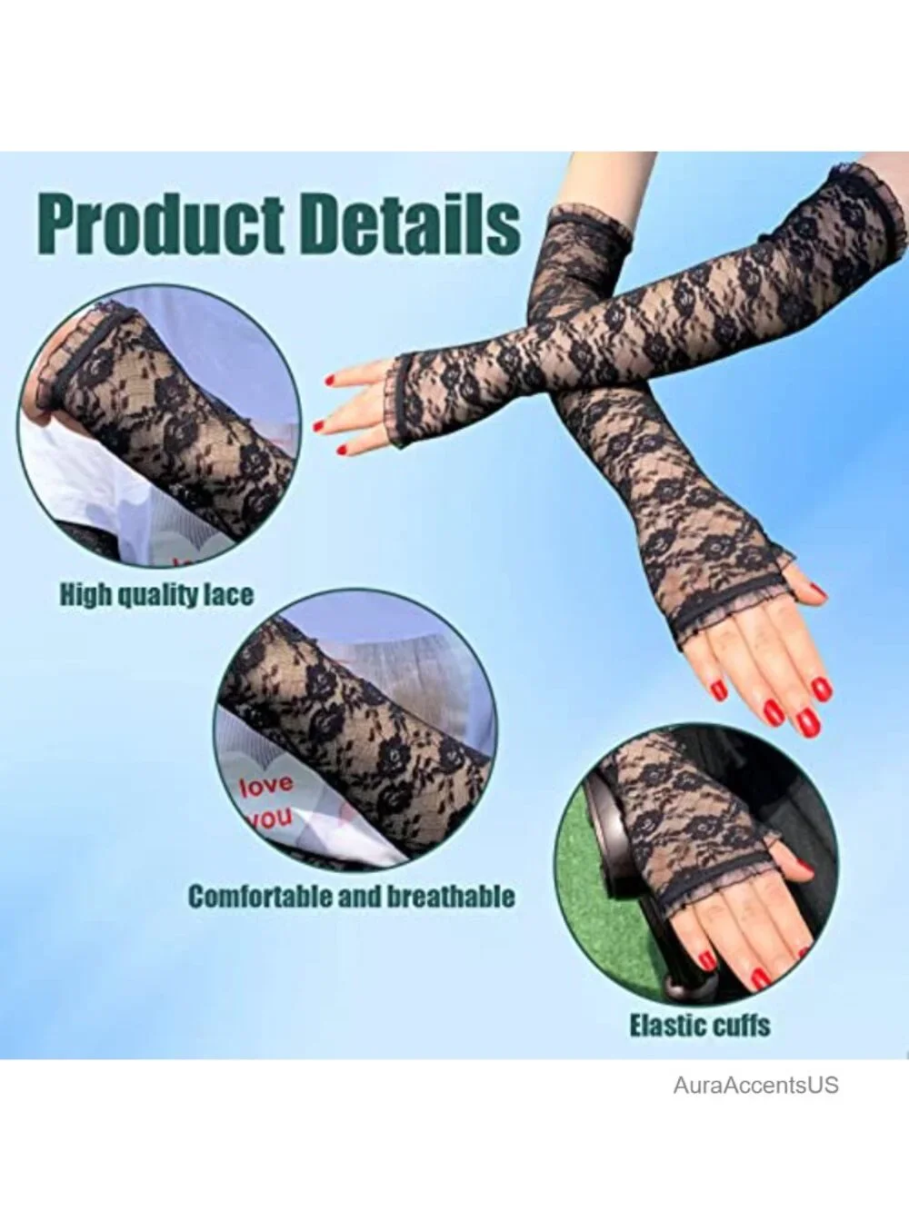 Fingerless Lace Gloves for Women, Floral Elbow Length Arm Sleeves, UV